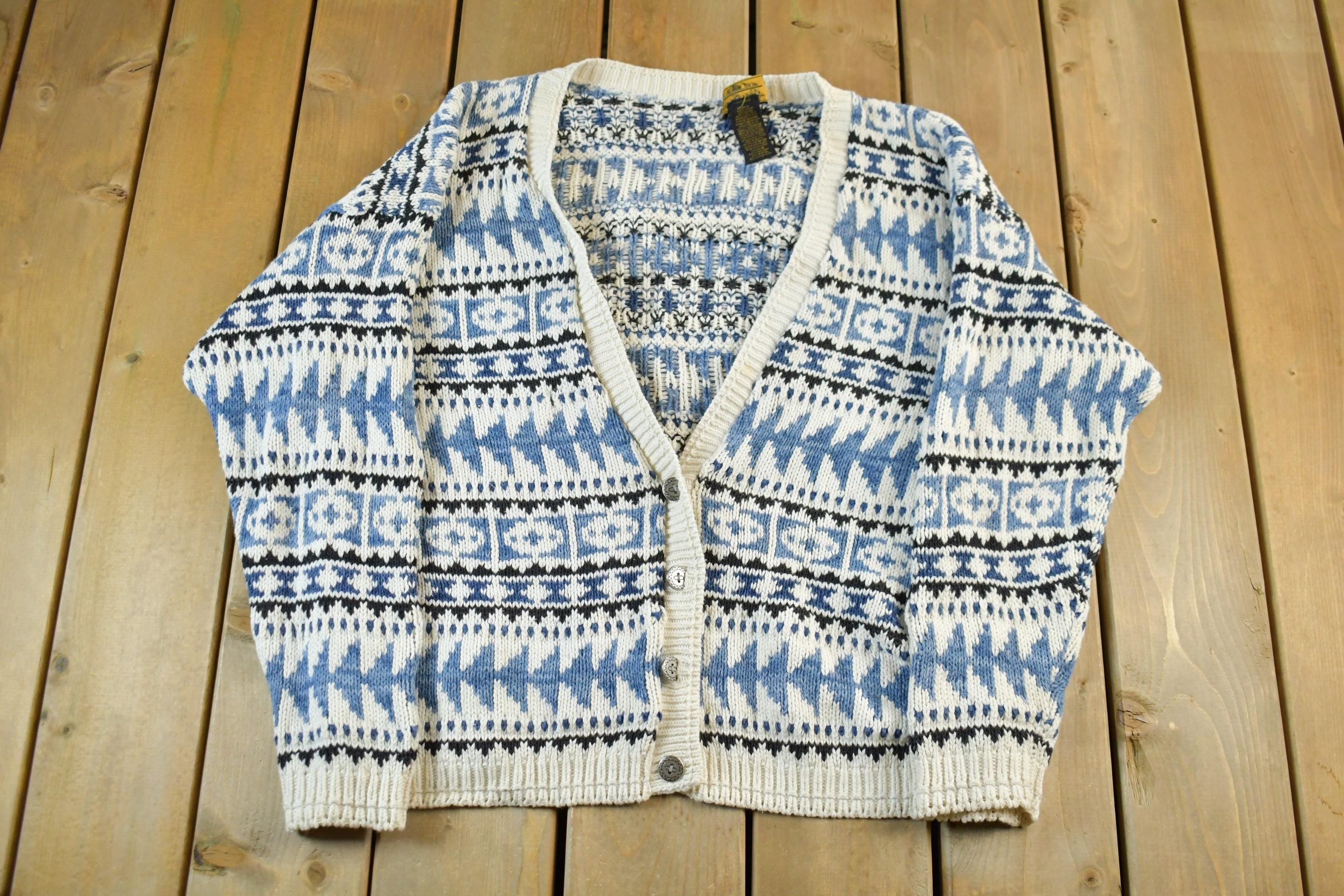 Vintage 1990s Eddie Bauer Knit Cardigan Sweater Men's Large  Abstract Pattern Nordic  90s Knitted Top  Outdoors  Made in USA