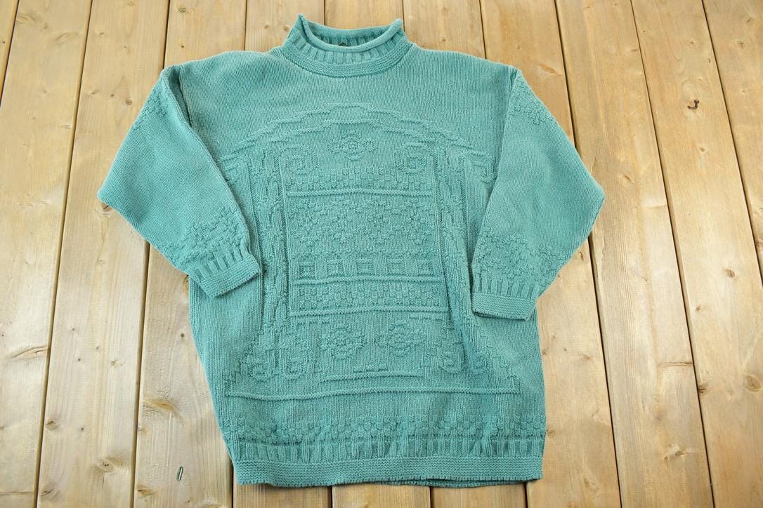 Vintage 1990s Hunt Club Cable Knit Abstract Pattern Crewneck Sweater
