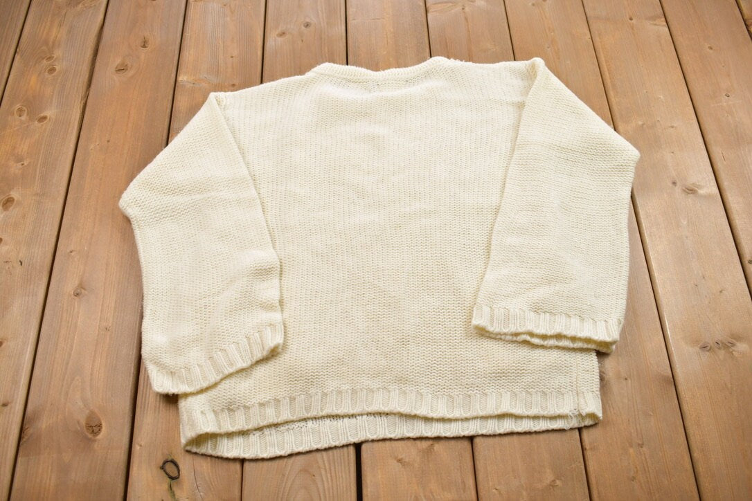 Vintage 1990s Blank White 3D Cable Knit Crewneck Sweater