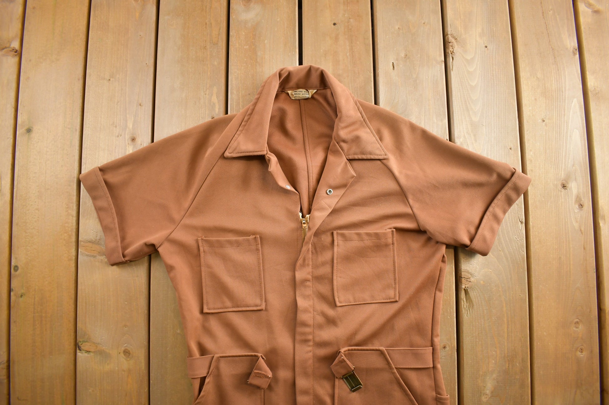 Vintage 1970s Womens Tan Cotton Jumpsuit Size 34x28