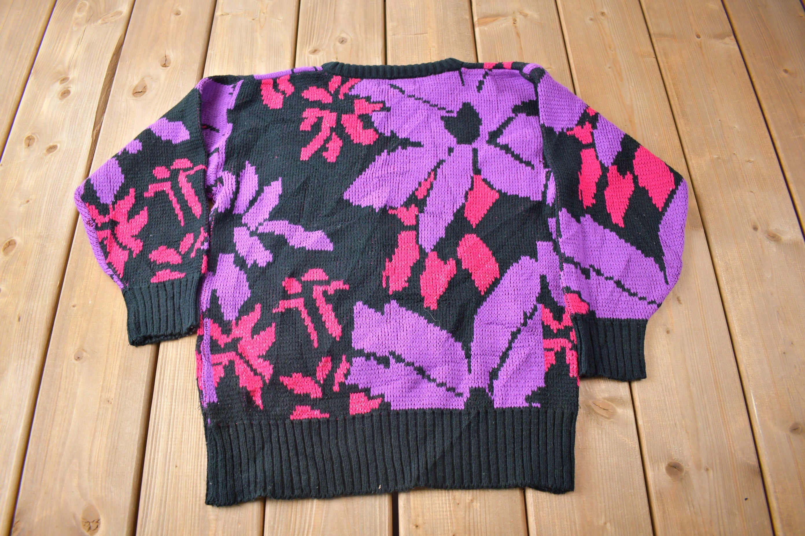 Vintage 1990s Floral Theme Knit Non Stop Crewneck Sweater