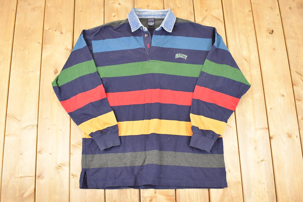 Vintage 1990s Gant Striped Denim Collar Quarter Button Rugby Shirt Men's L