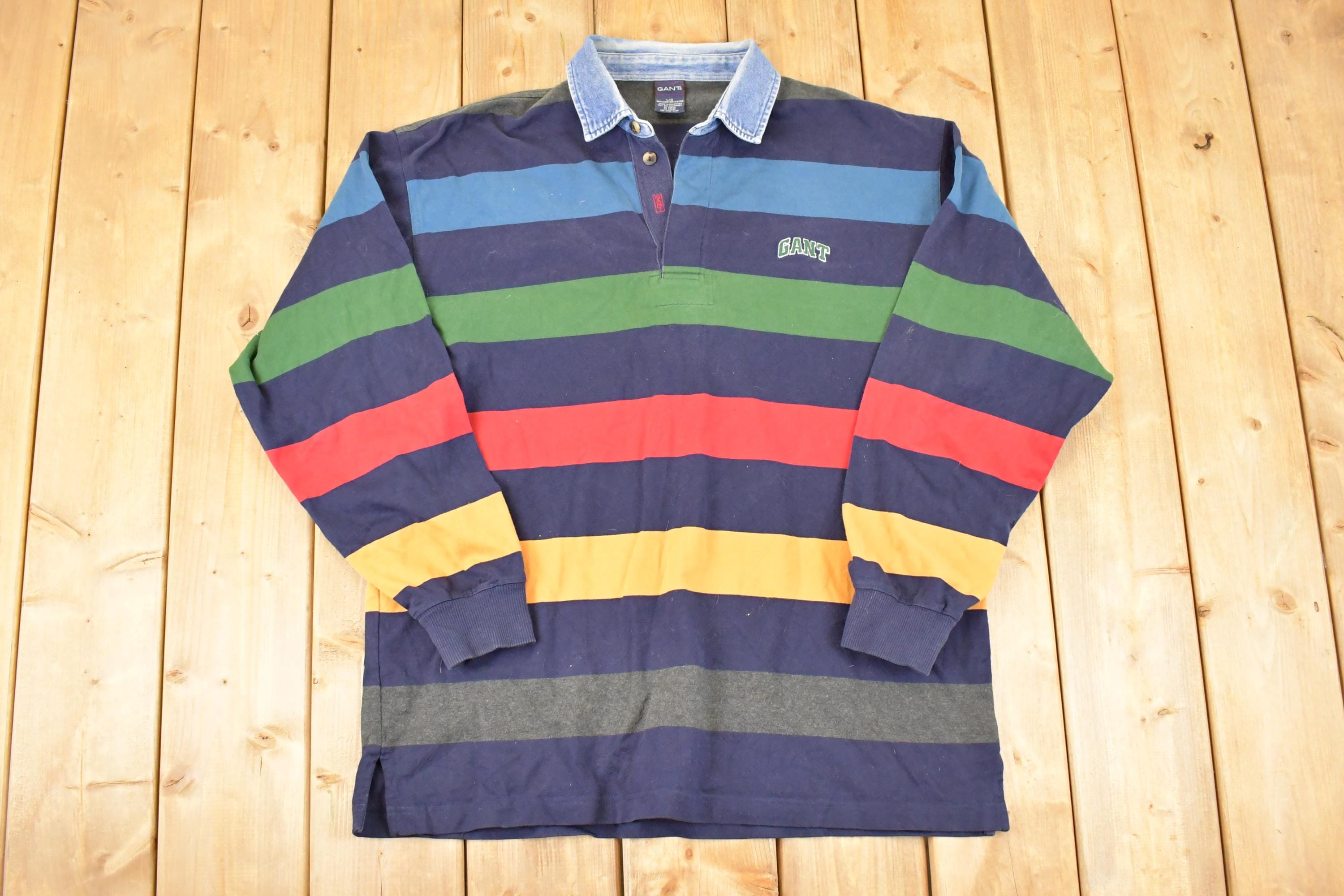 Vintage 1990s Gant Striped Denim Collar Quarter Button Rugby Shirt Men's L