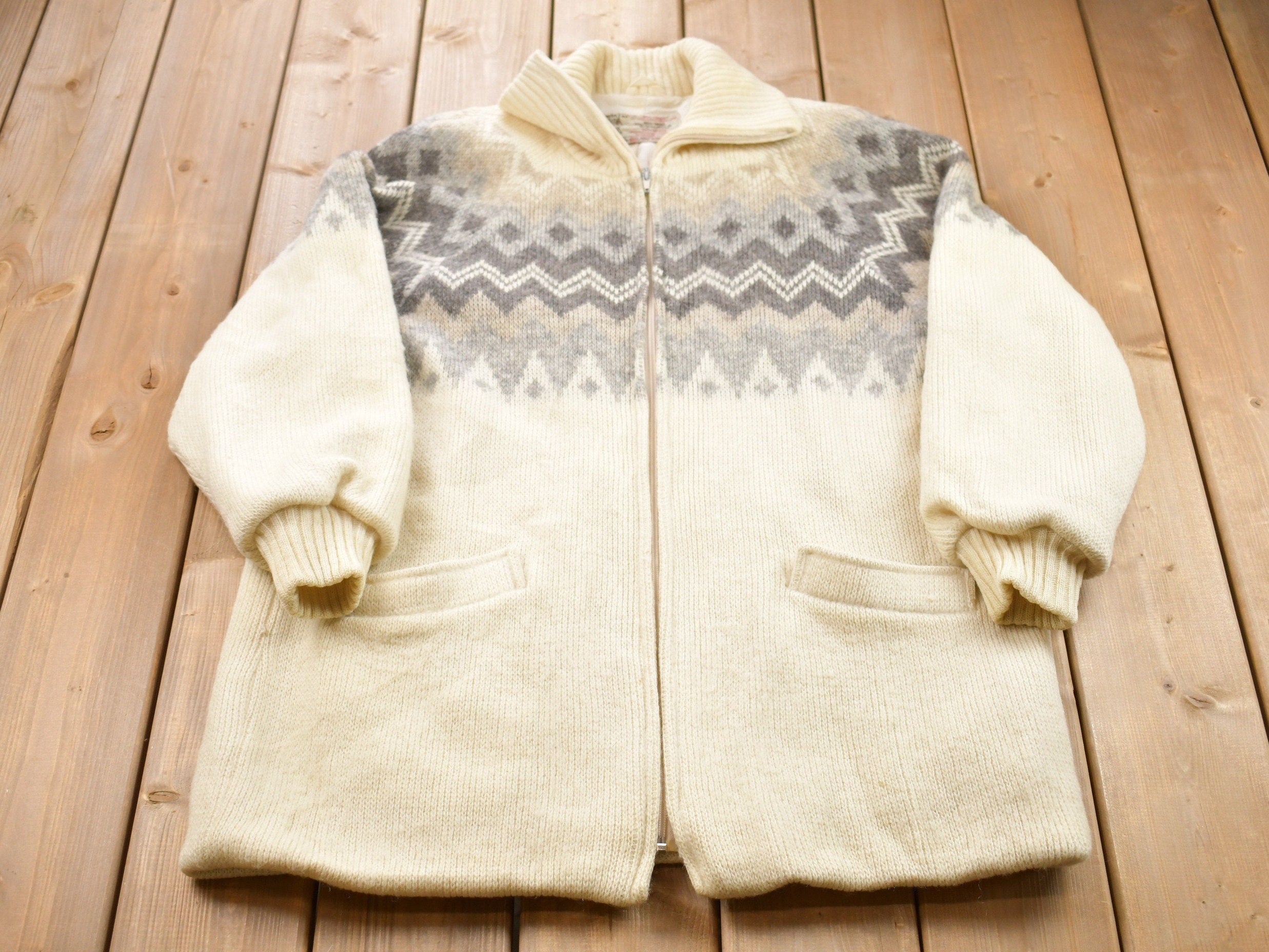 Vintage 1970s Nordic Wool Full Zip Knit Sweater