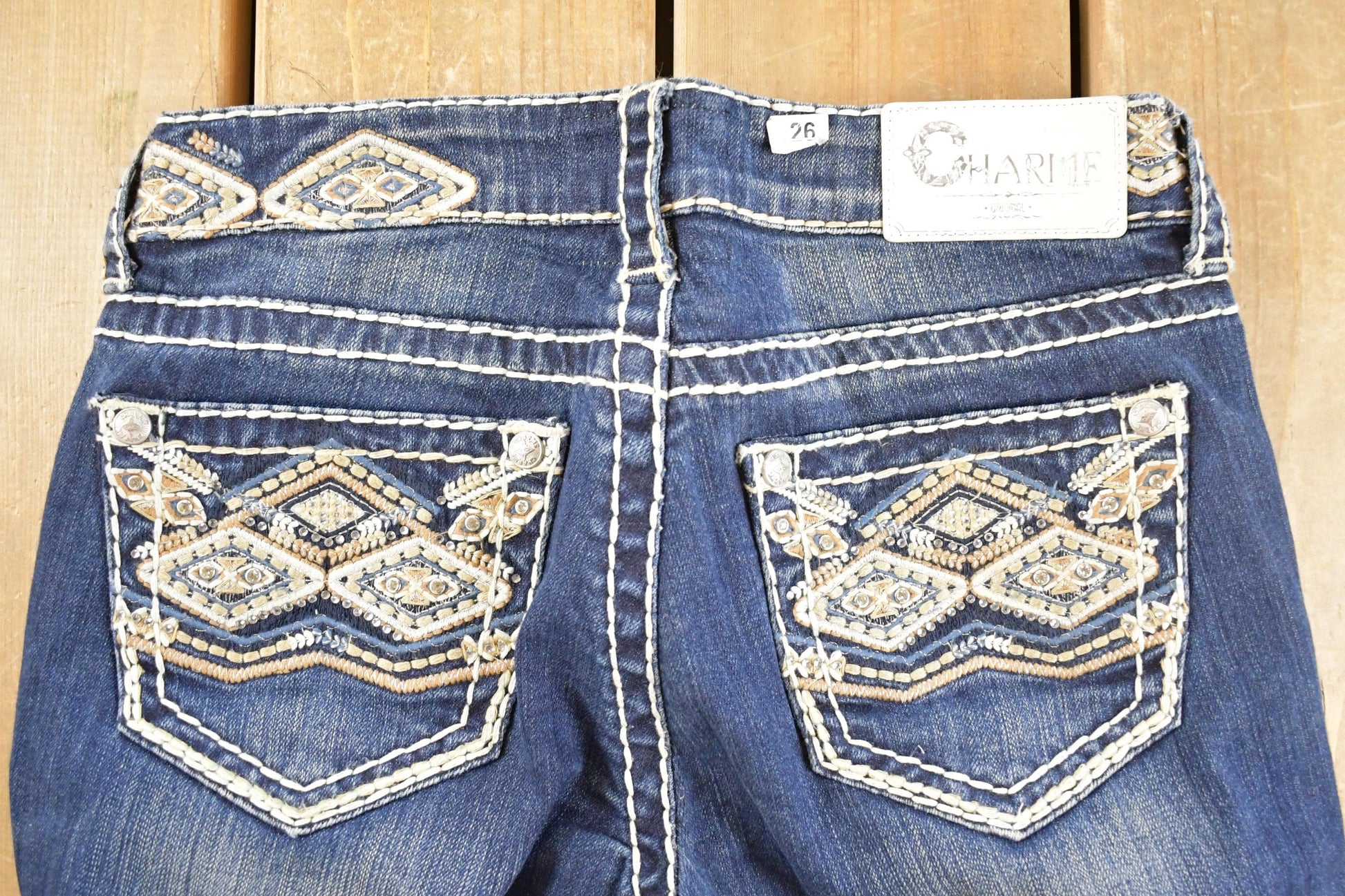 Vintage Deadstock Y2K Charme Bedazzled Low Rise Jeans Women's Size 26 x 32 / Boot Cut Jeans / 2000's Embroidered Contrast Stitched Denim