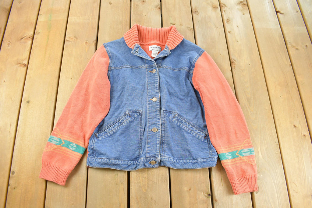Vintage 1990s Pendleton Denim Knit Aztec Cardigan Sweater Youth L