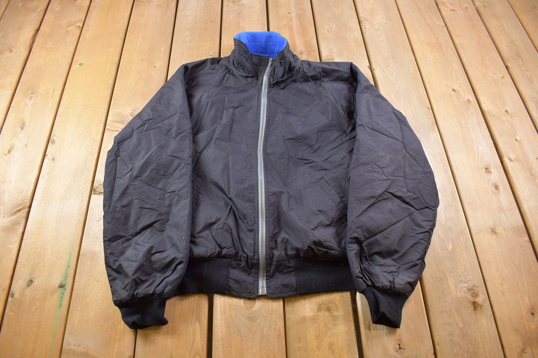 Vintage 1980s Columbia Sportswear Fleece Lined Black Satin Bomber Jacket