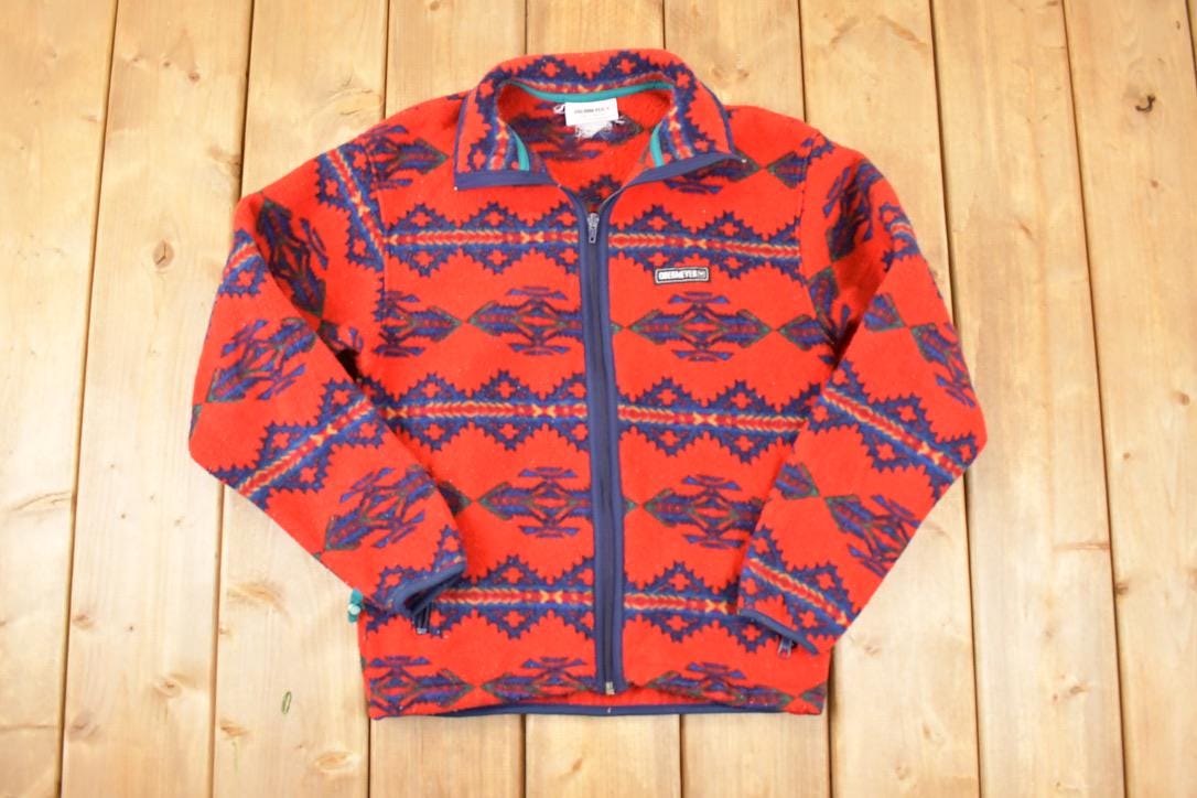 Vintage 1990s Obermeyer Aztec AOP Fleece Outdoorsman Sweater Men's S / 90s Winter Sweatshirt / Fleece Hiking Zip up