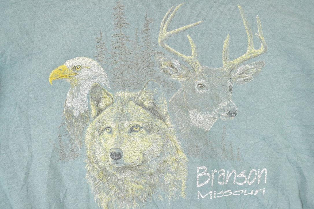 Vintage 1990s Branson Missouri Wolf Hawk And Deer Graphic Print Crewneck Sweatshirt Men's L