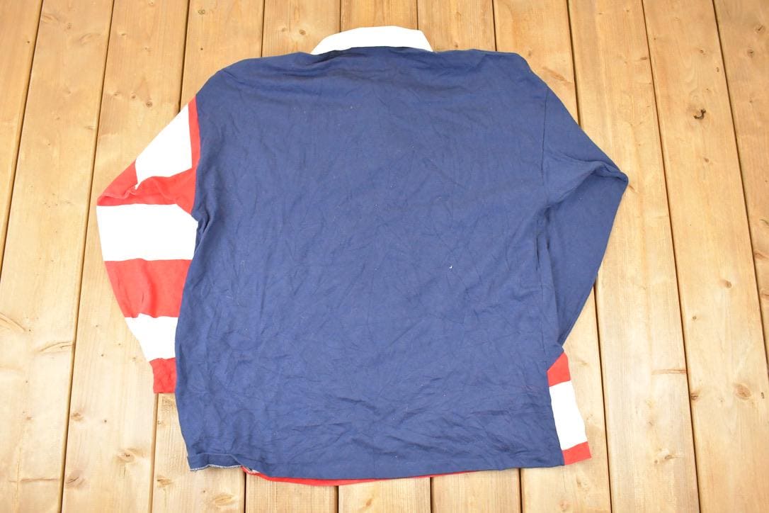 Vintage 1990s American Edition AOP American Flag Button Up Rugby Shirt Mens L / Heritage Button Up / 90's Dress Shirt