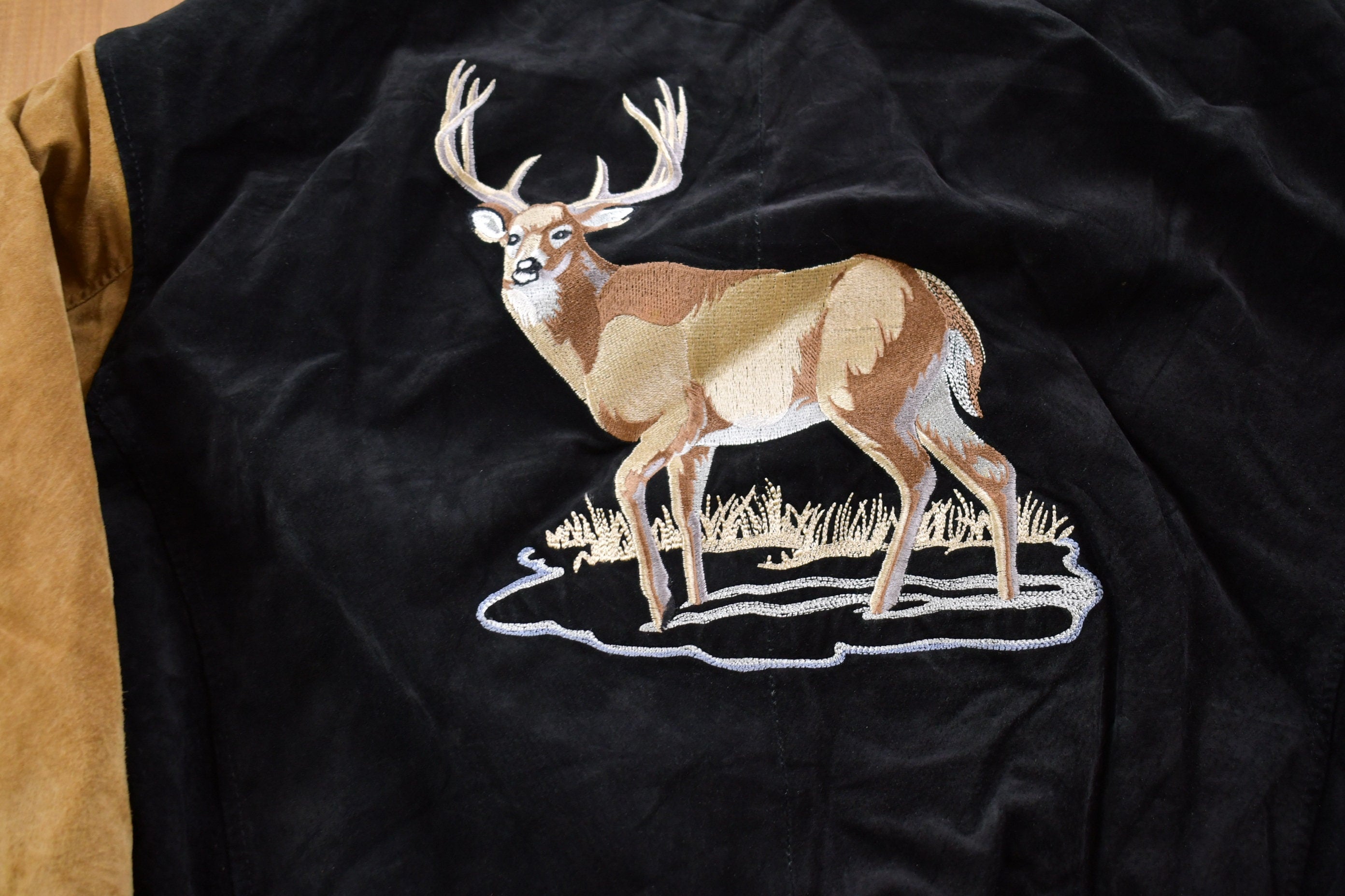 Vintage 1990s Suede Leather Embroidered Deer Bomber Jacket