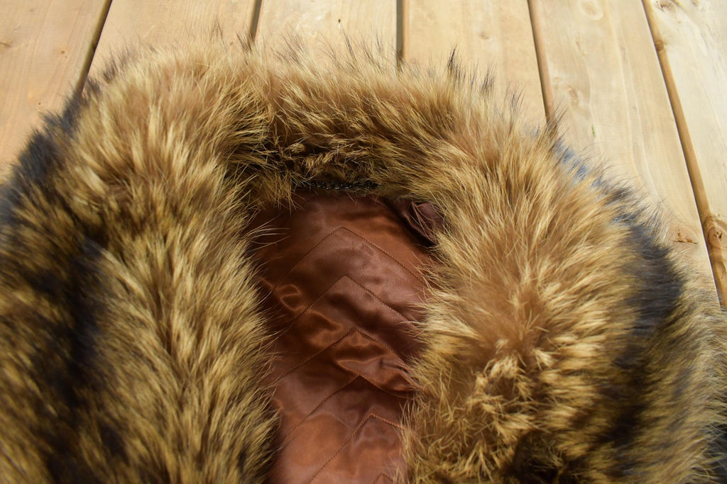Vintage 1970s Brown Racoon Fur Plaid Lined Coat Men's Large