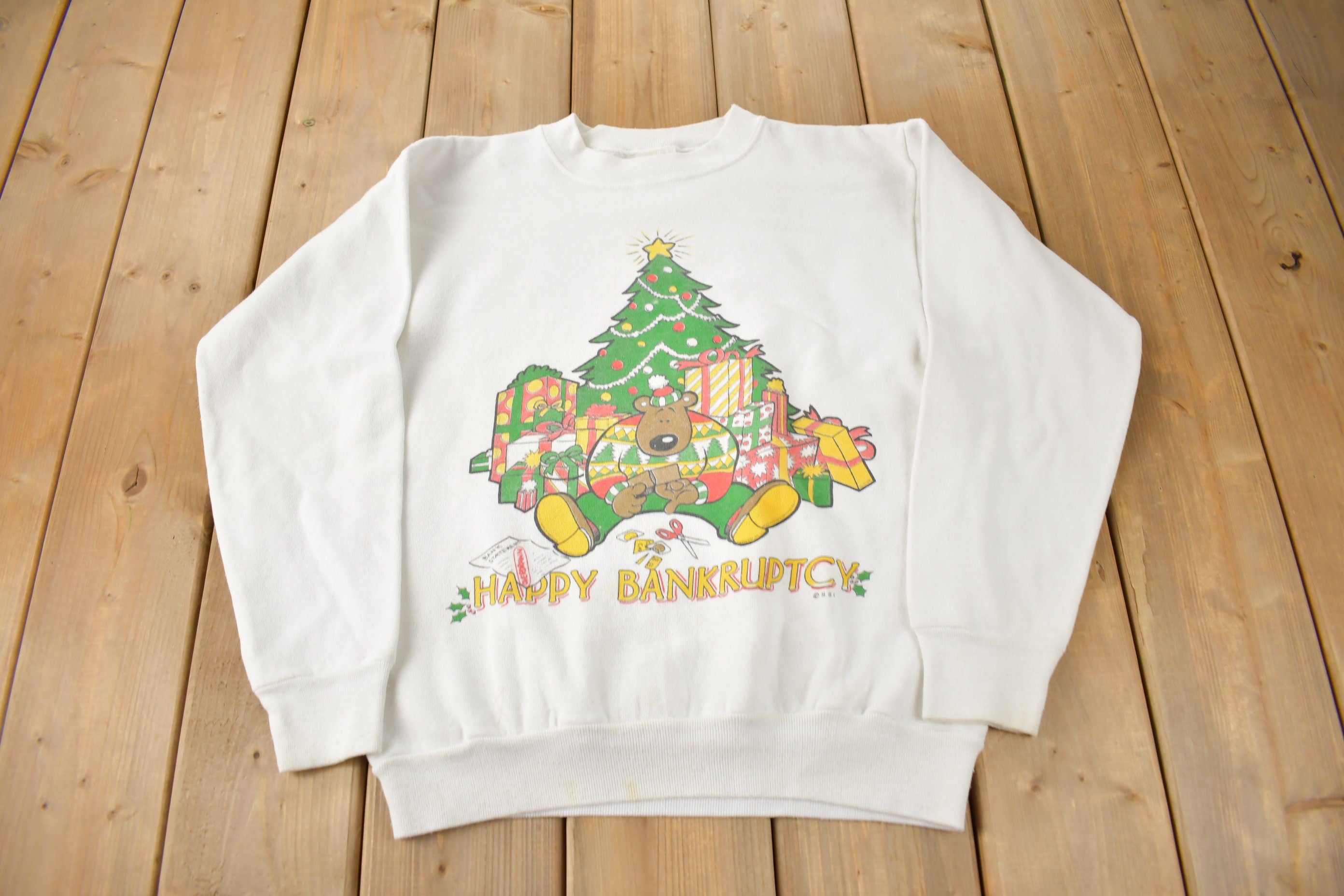 Vintage 1990s Happy Bankruptcy Christmas Theme Crewneck Sweatshirt Made In USA