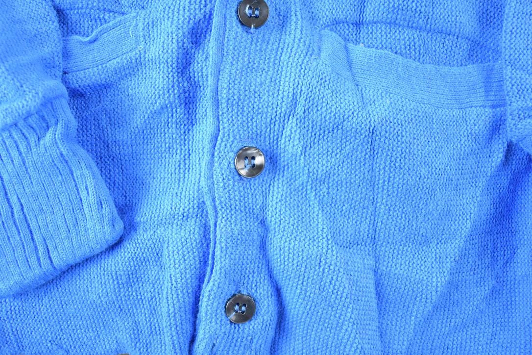 Vintage 1970s Blue Knit Perfect Mild Distress Cardigan Sweater Made In USA