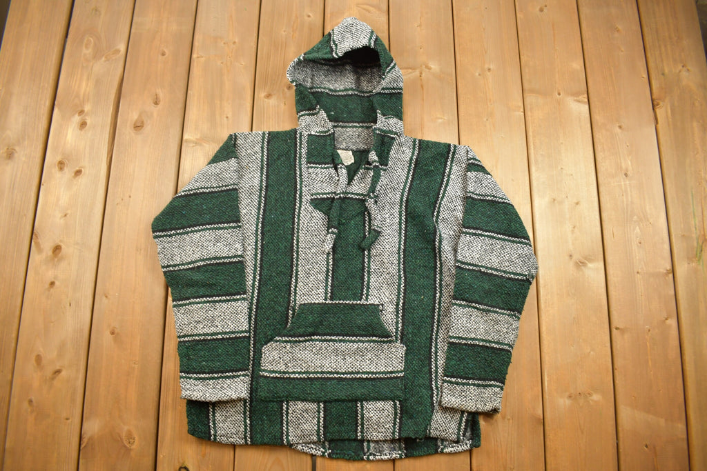Vintage 1990s Chavitos Baja Hooded Pullover Striped Knit Poncho Blanket Hoodie