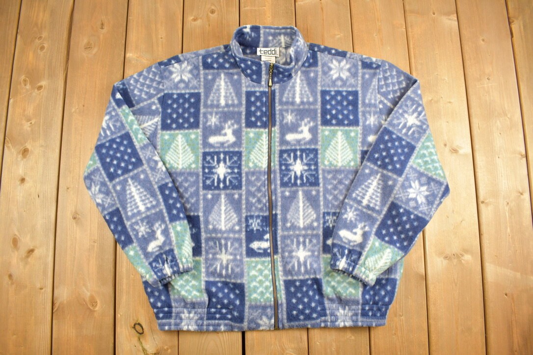 Vintage 1980s Teddi All Over Print Full Zip Fleece Sweater / Sportswear / 80s Fleece / Streetwear / Athleisure / Hiking / Christmas Theme