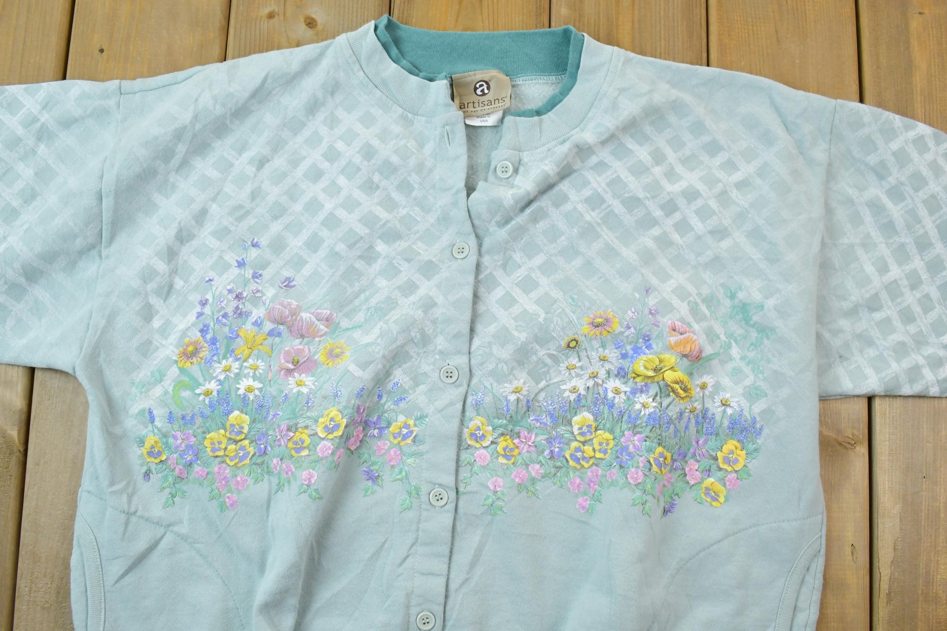 Vintage 1990s Artisans The Art Of Apparel Floral Theme Full Button Down Crewneck / Souvenir / Vintage Sweatshirt / Outdoorsman