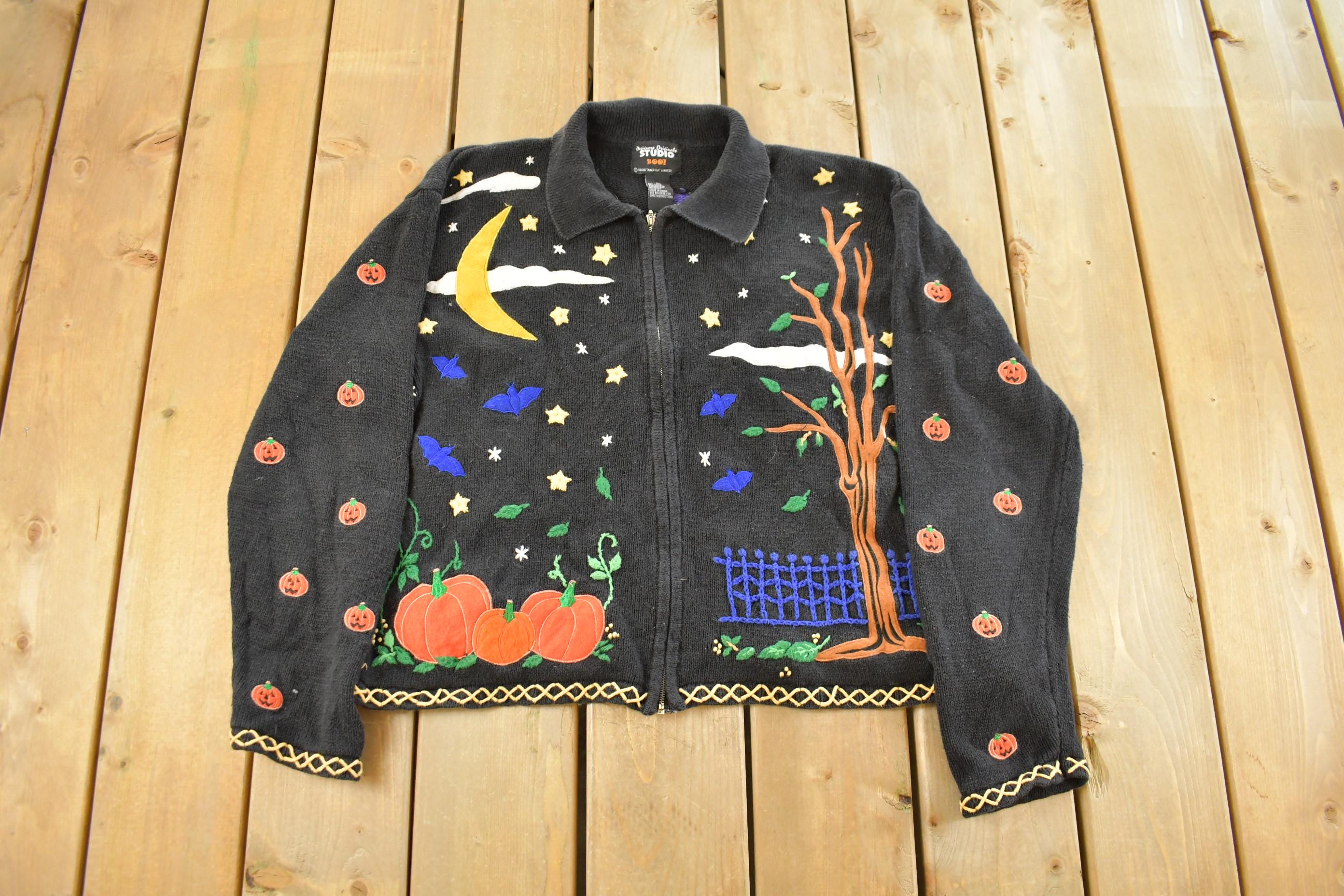Vintage 1990s Studio Boo Patchwork Embroidered Full Zip Knit Sweater Women's Large