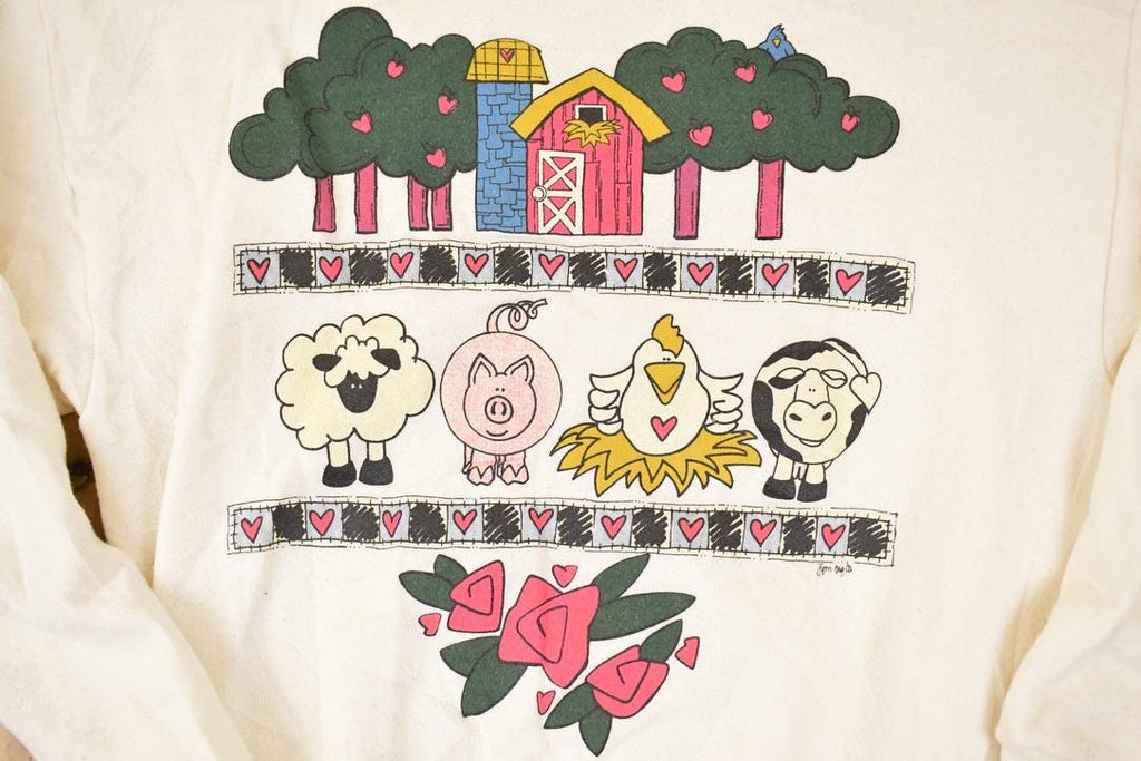 Vintage 1990s Cute Cartoon farm Animal Graphic Print Crewneck Sweatshirt Womens M