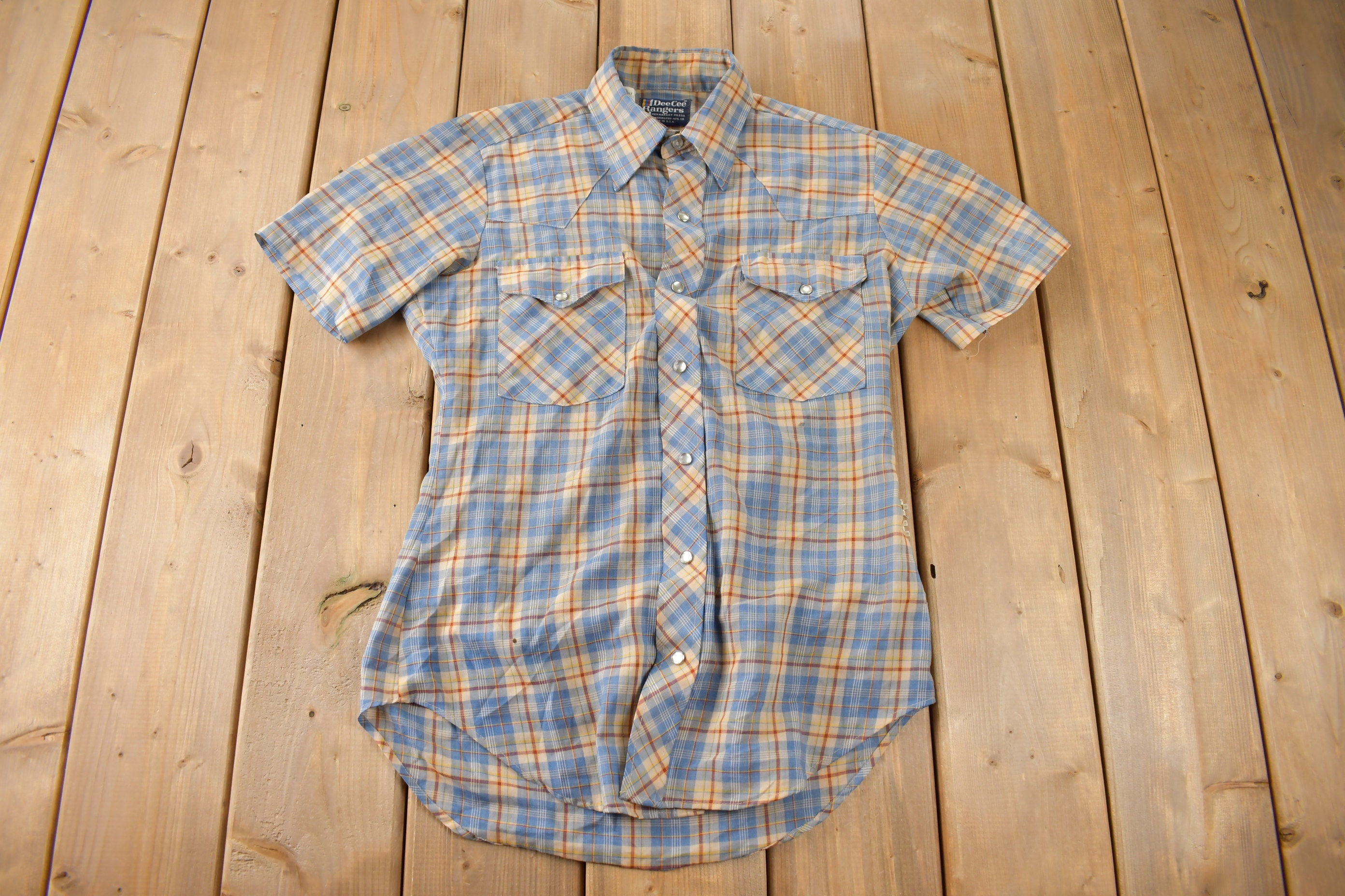 Vintage 1980s Dee Cee Rangers Pearl Snap Plaid Button Up Flannel Shirt Made In USA Size S