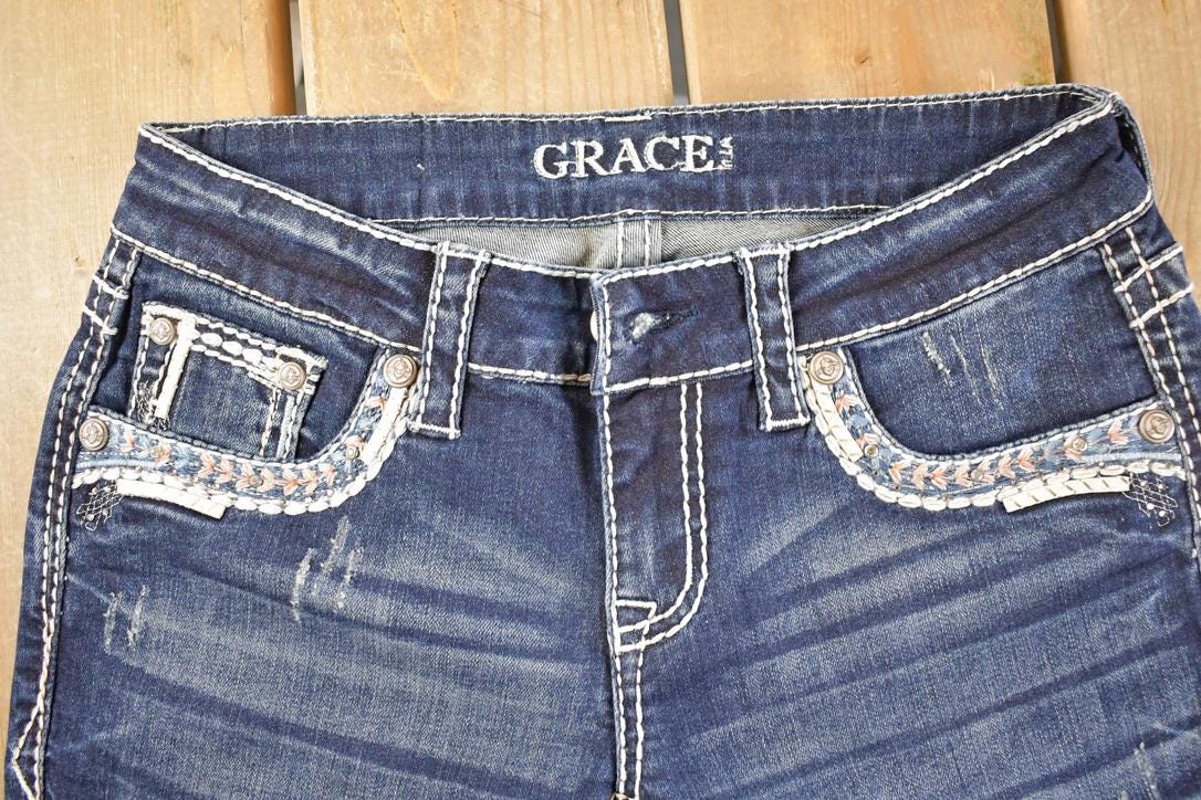 Vintage Deadstock Y2K Grace In LA Bedazzled Bootcut Low Rise Jeans Women's Size 26 x 32