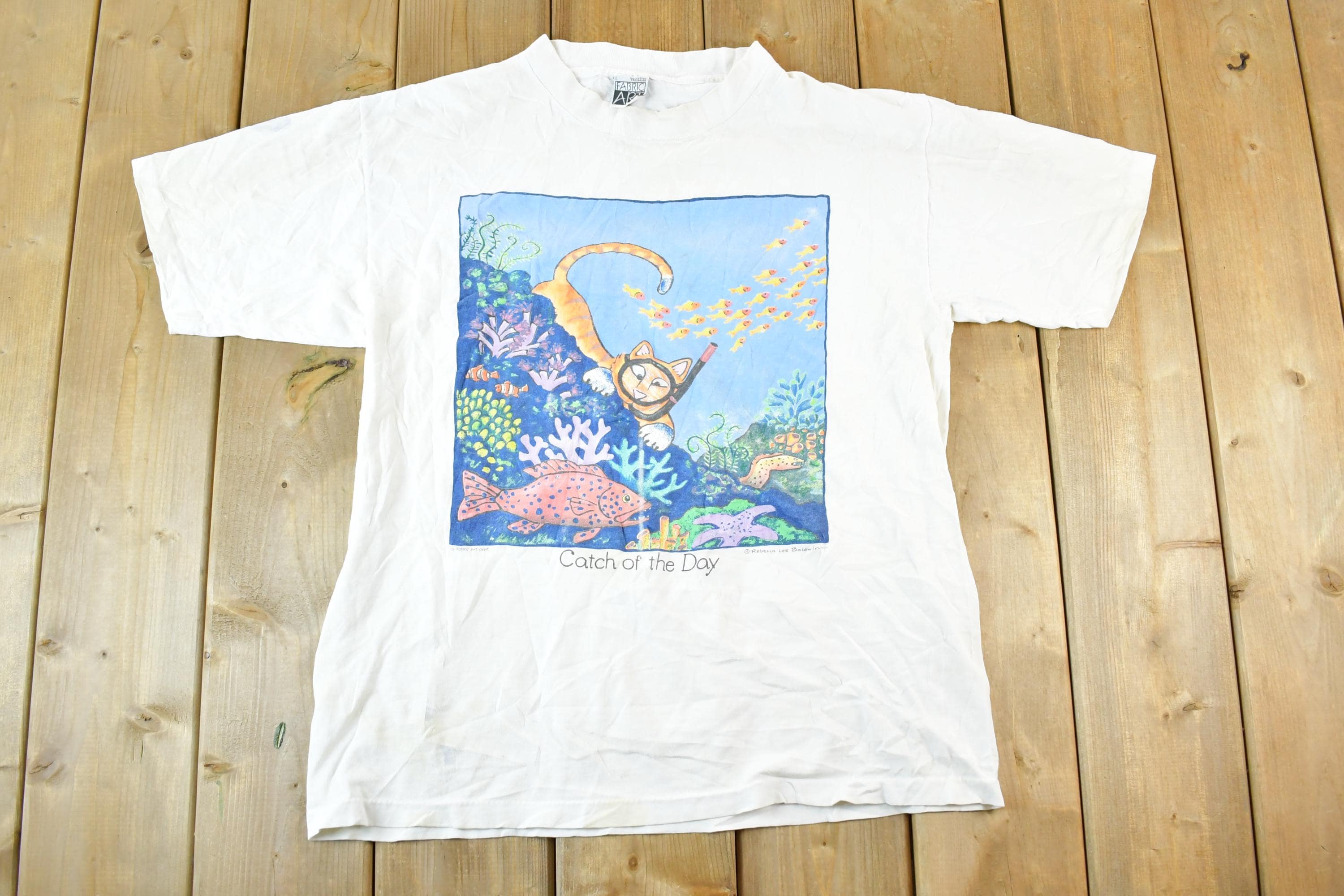 Vintage 1990s Catch Of the Day Cat Scuba Souvenir T-Shirt Women's L