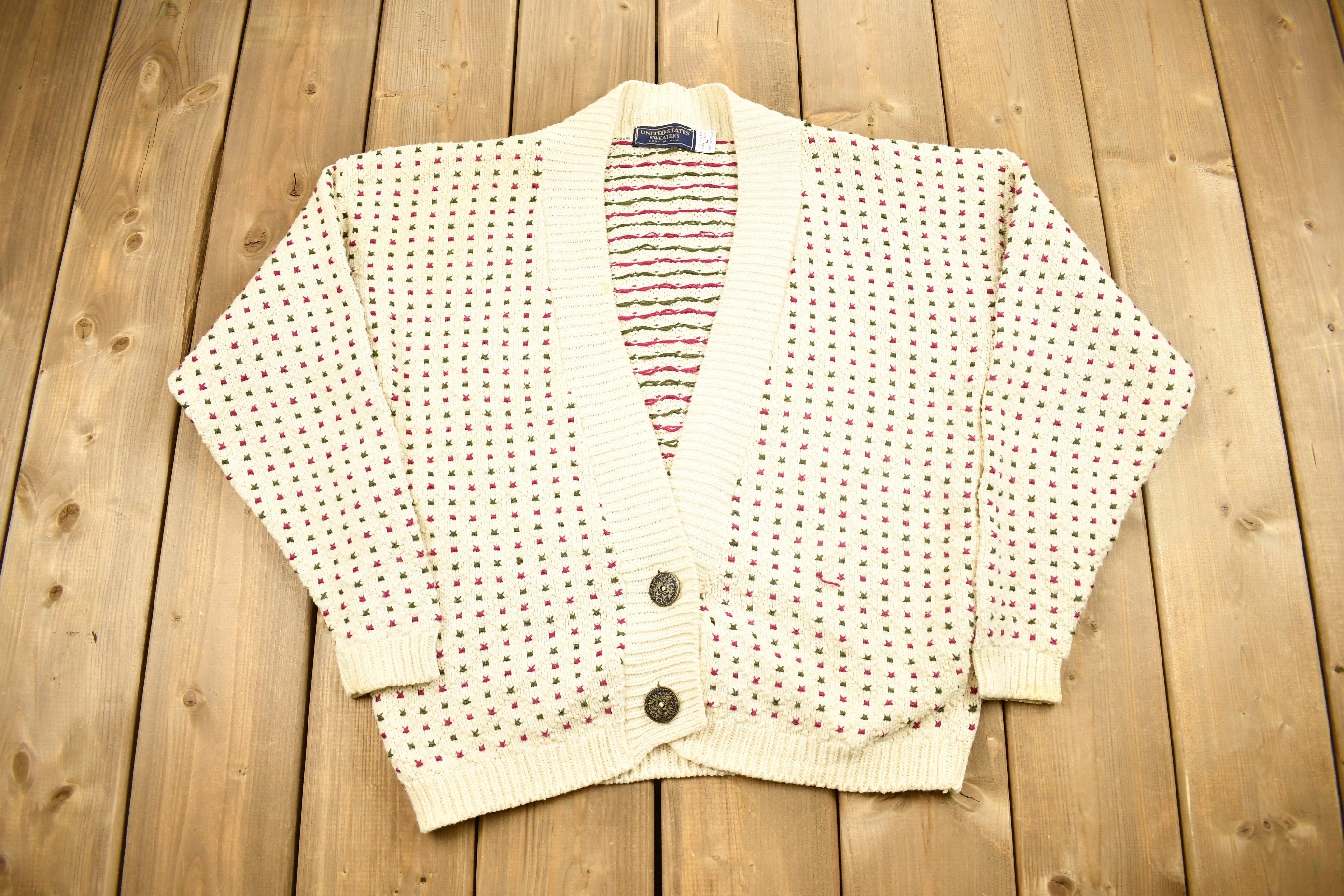Vintage 1990s United States Sweaters Cardigan Sweater  Vintage Cardigan  Button Up  Size Medium  Embroidered  Made In USA