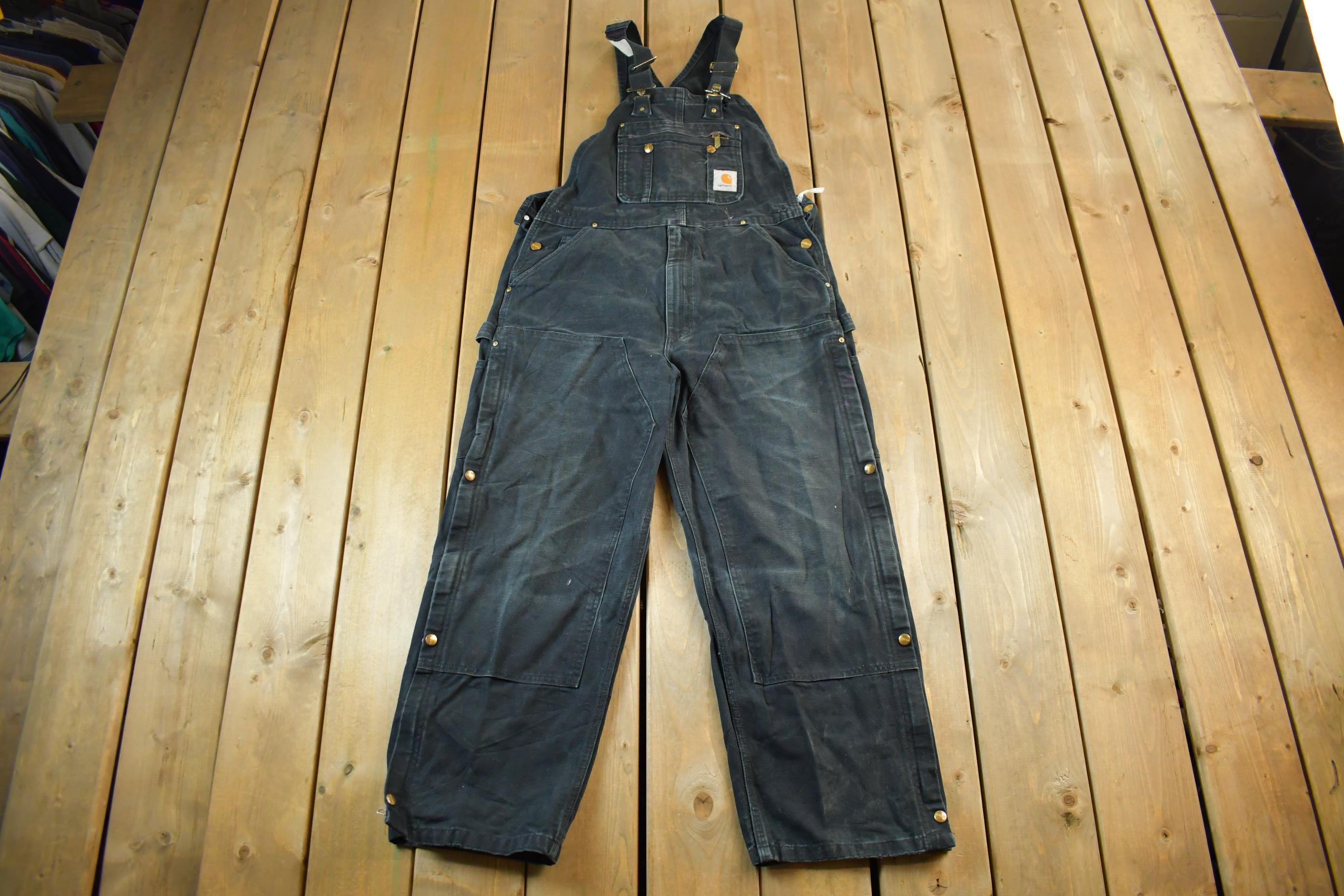 Vintage 1990s Carhartt Black Double Knee Canvas Overalls Size 36x27