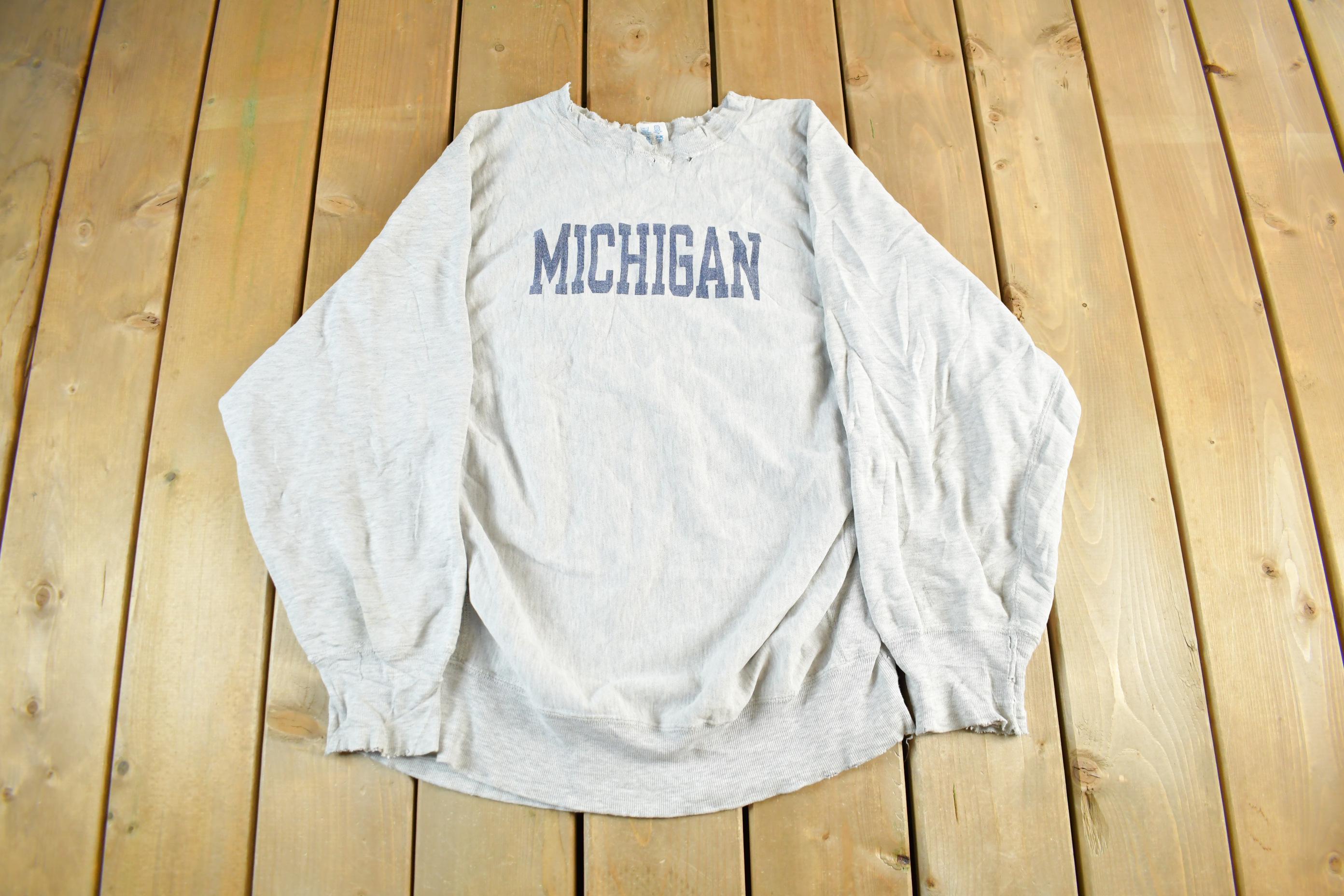 Vintage 1980s University Of Michigan Distressed Champion Reverse Weave Warmup Crewneck Men's XL