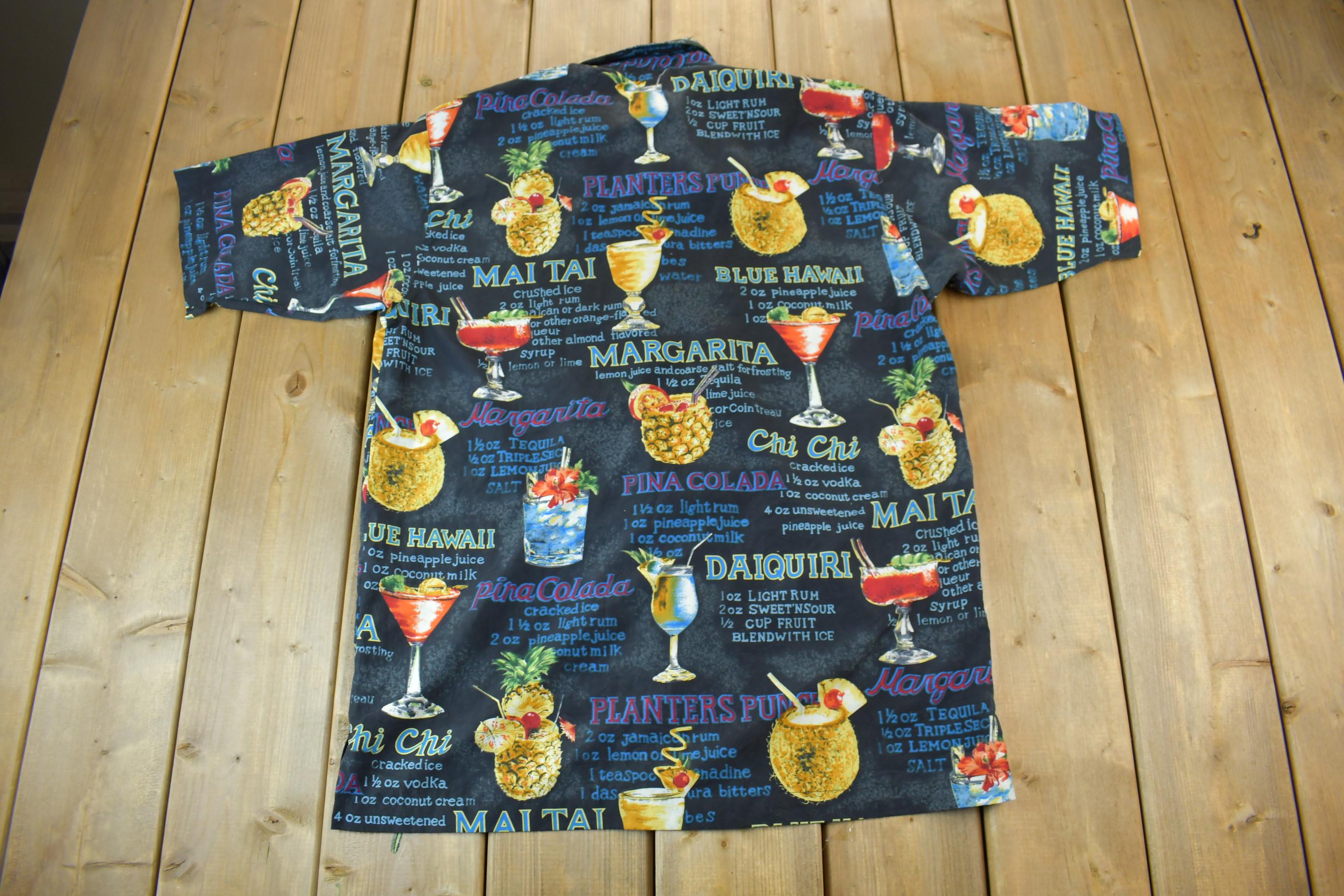 Vintage 1990s Bill Blass Summer Cocktail Recipes Graphic Button Up Shirt