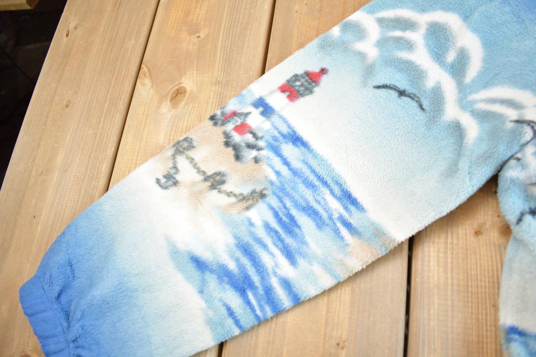 Vintage 1990s Blair Beach Light House Theme All Over Print Fleece Sweater