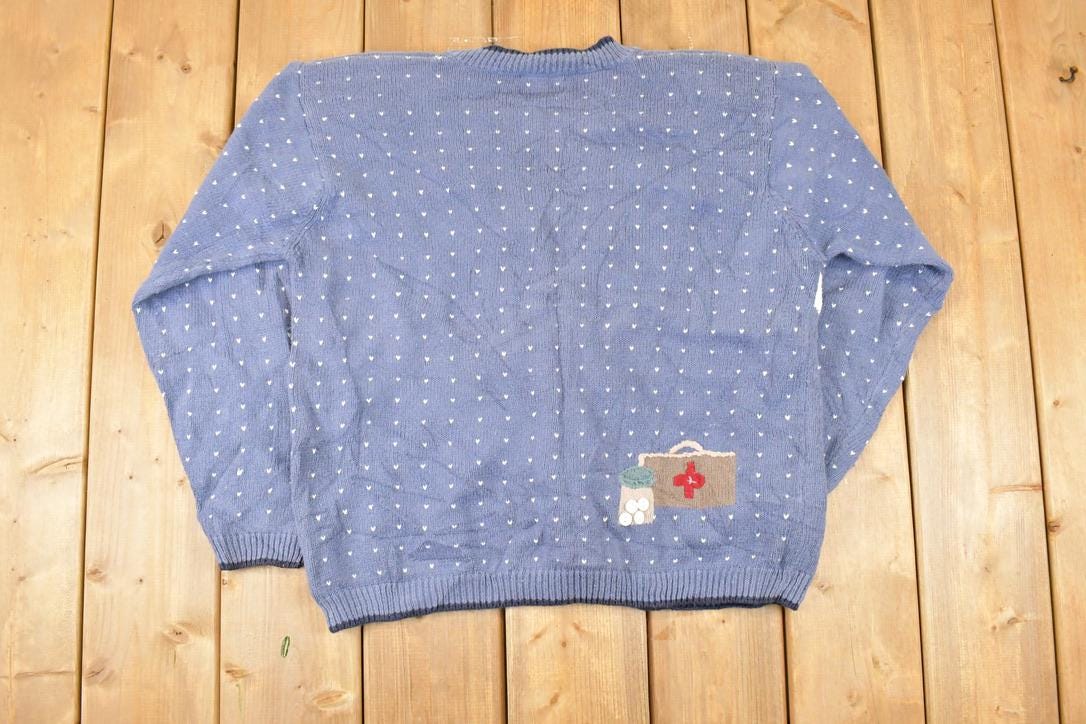 Vintage 1990s Christopher & Banks Teddy Bear Hand Embroidered Knit Cardigan Sweater Women's M