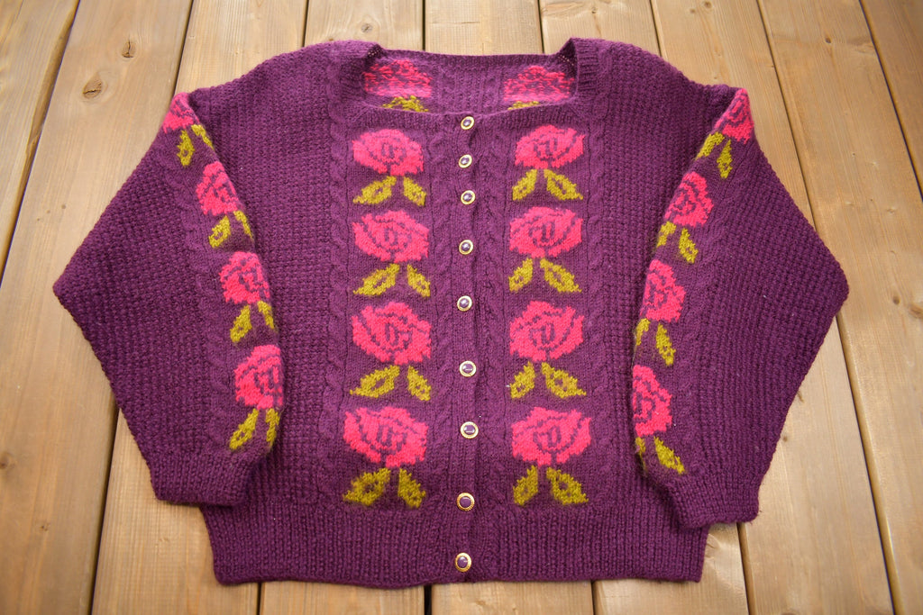 Vintage 1980s 100% Wool Knit Flowers Sweater