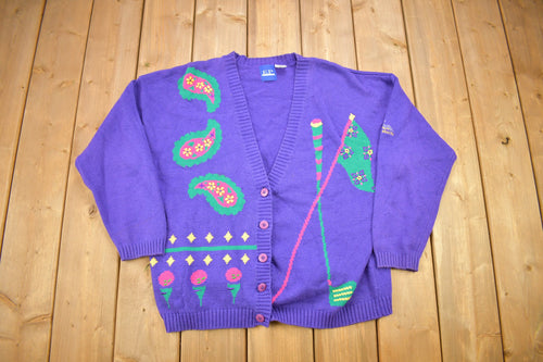 Vintage 1990s EP Pro Golding Theme Knitted Cardigan Sweater / Vintage Cardigan / Button Up / Abstract Pattern