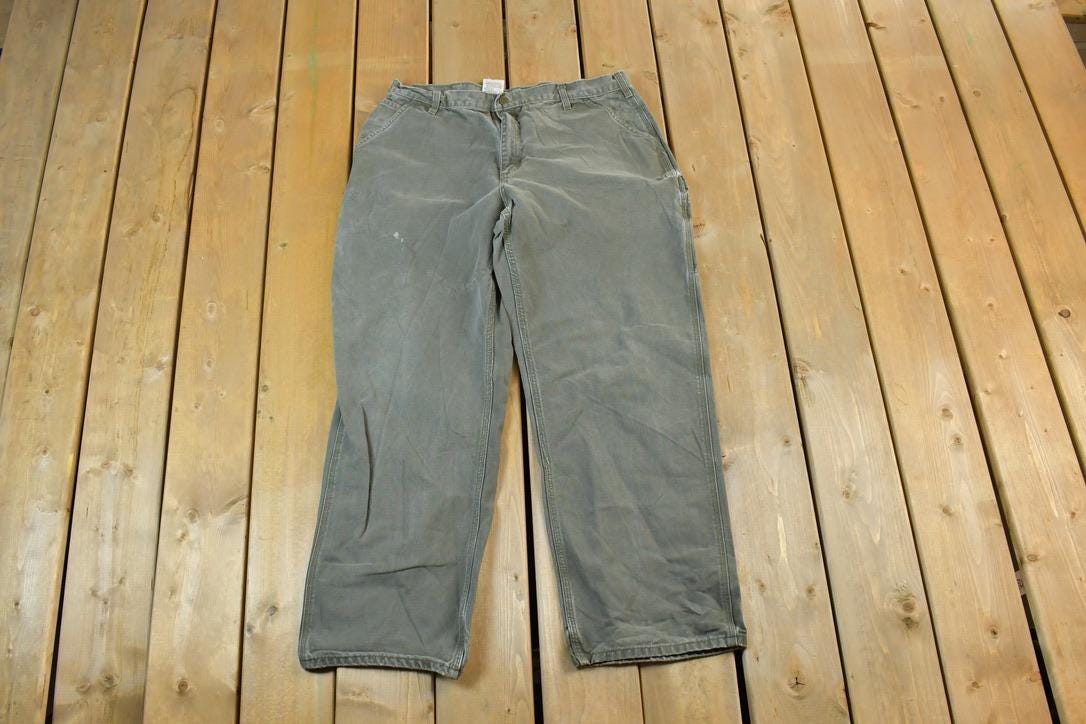 Vintage 1990s Olive Carhartt Wide Leg Denim Work Pants Size 38 x 32