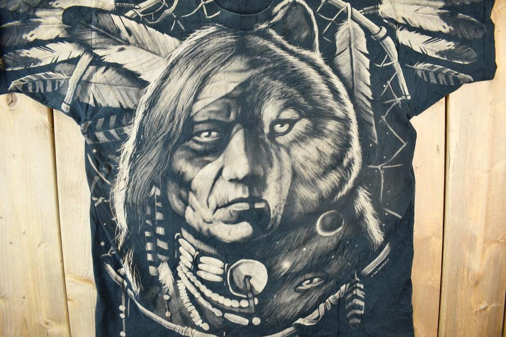 Vintage 1996 Liquid Blue Native American Graphic All Over Print T Shirt Size XL