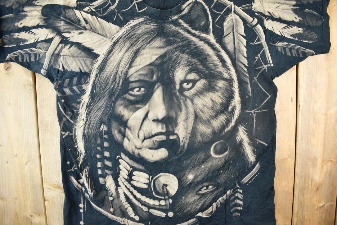 Vintage 1996 Liquid Blue Native American Graphic All Over Print T Shirt Size XL