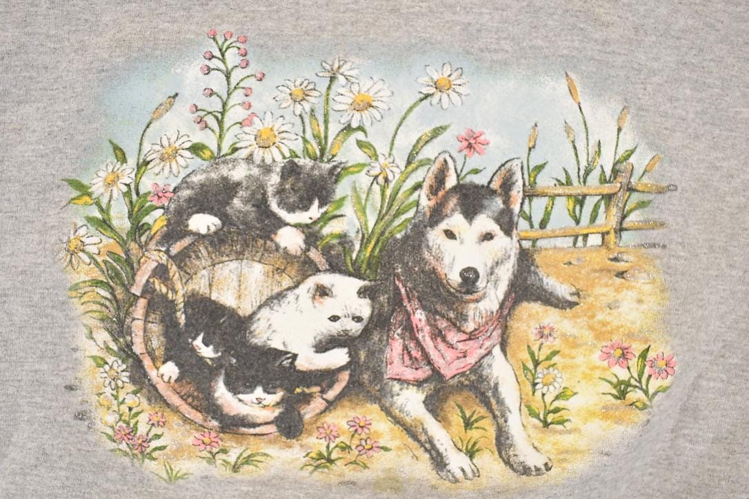Vintage 1990s Basic Editions Husky Kitty Floral Graphic Print Crewneck Sweatshirt Womens L / 90's Destination Sweater