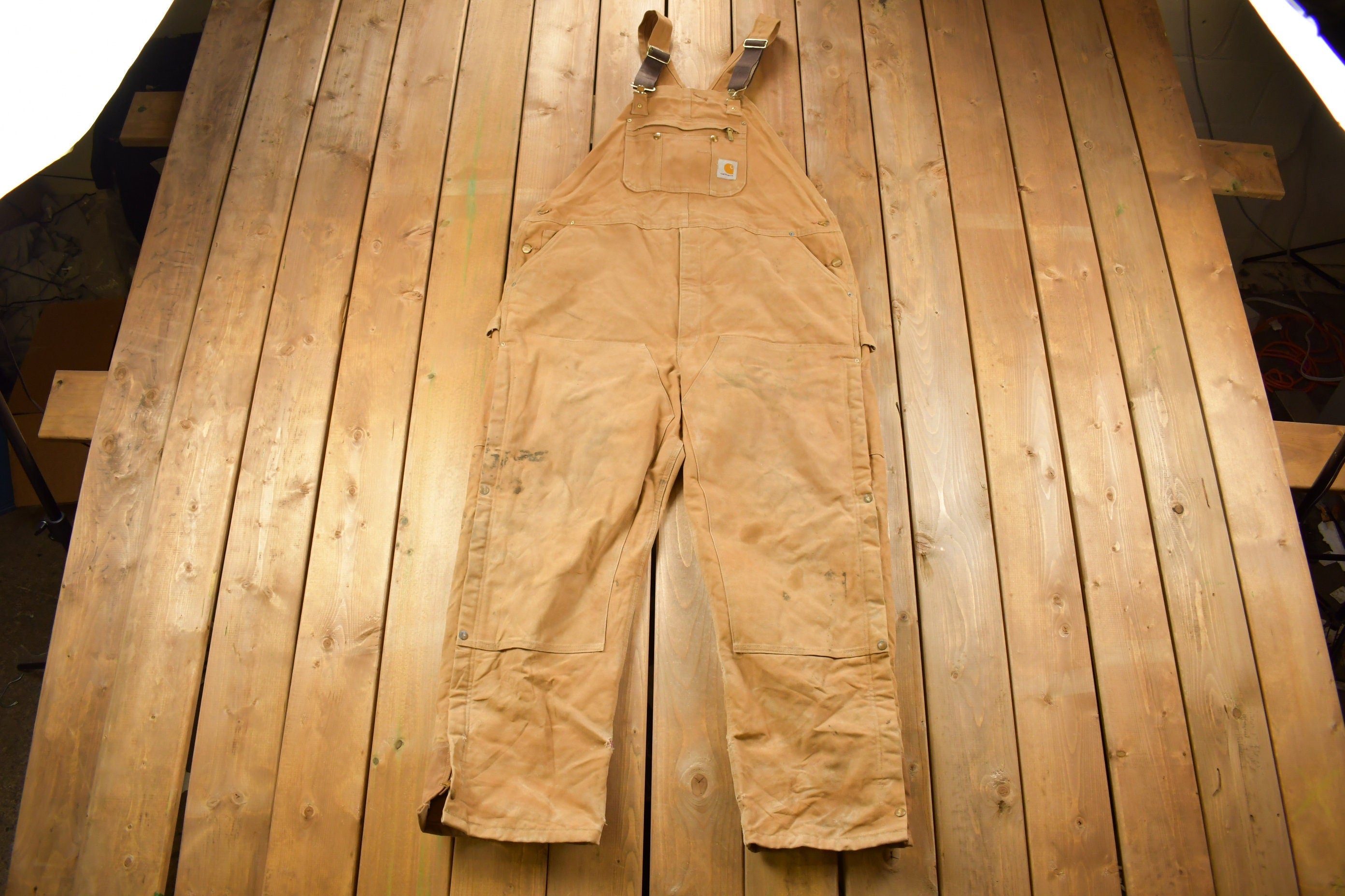 Vintage 1990s Carhartt Beige Double Knee Canvas Quilted Overalls Size 46 x 30