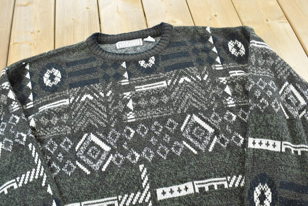 Vintage 1990s Michael Gerald Knitted Crewneck Sweater Mens 2XL / All Over Pattern / Made In Korea / Abstract Geometric Pattern