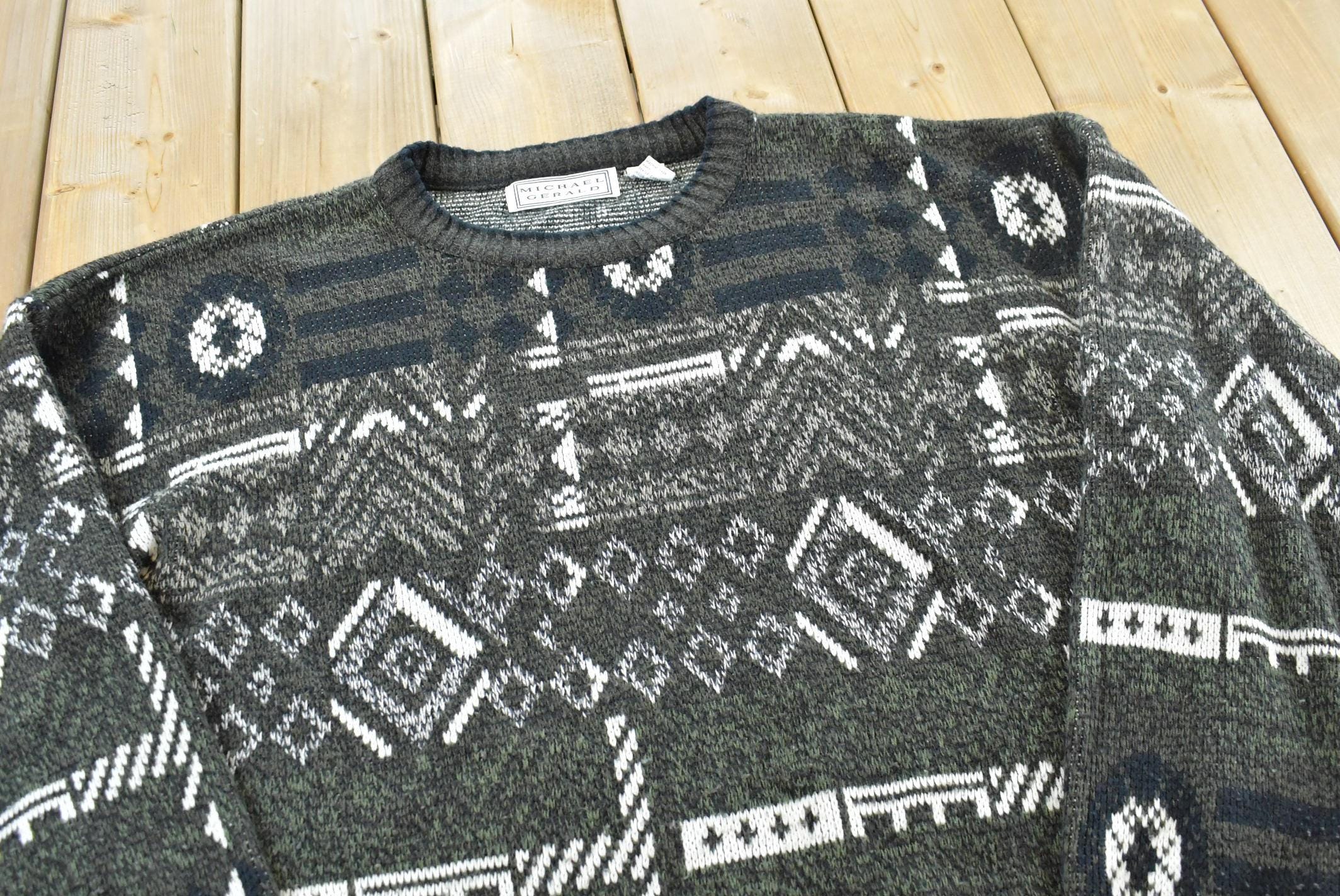 Vintage 1990s Michael Gerald Knitted Crewneck Sweater Mens 2XL / All Over Pattern / Made In Korea / Abstract Geometric Pattern