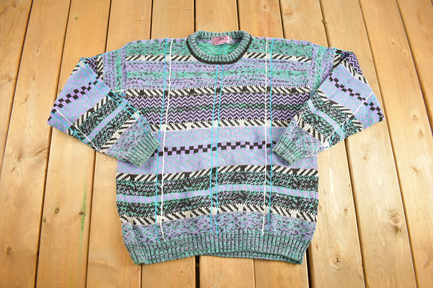 Vintage 1980s Concrete Knitted Sweater / Vintage 80s Crewneck / Pattern Sweater / Outdoor / Hand Knit / Pullover Sweatshirt