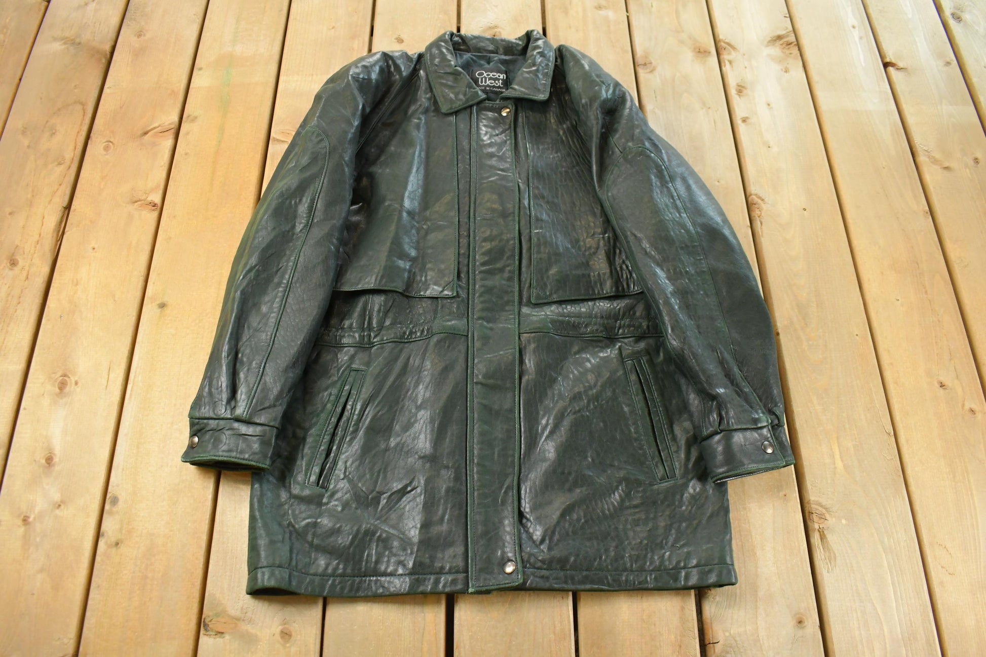 Vintage 1980s Ocean West Leather Long Coat Women's Large / Trench Jacket / Made In Canada / True Vintage / Leather Trench Coat