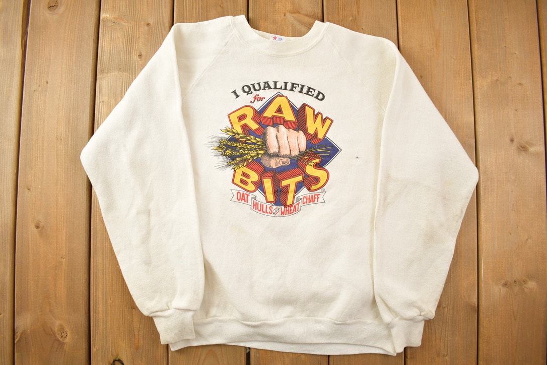 Vintage 1990s 'I Qualified For Raw Bits Oat Hulls And Wheat Chaff' Crewneck Sweatshirt