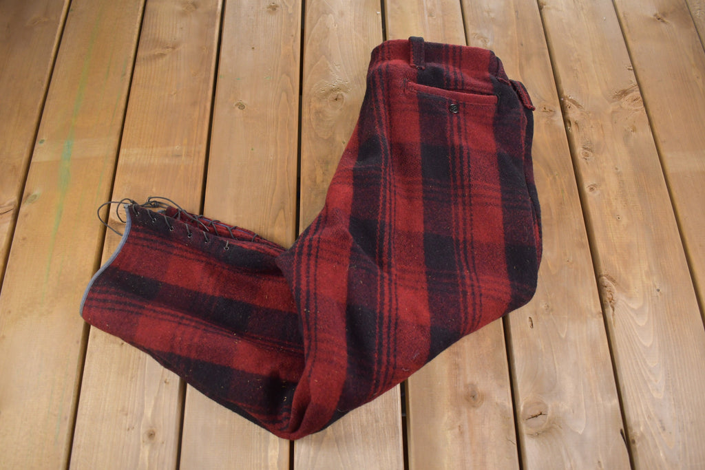1980s Vintage Red & Black Plaid Wool Trousers 38 x 25