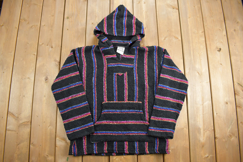 Vintage 1990s Veracruz Hooded Pullover Striped Knit Poncho Blanket Hoodie