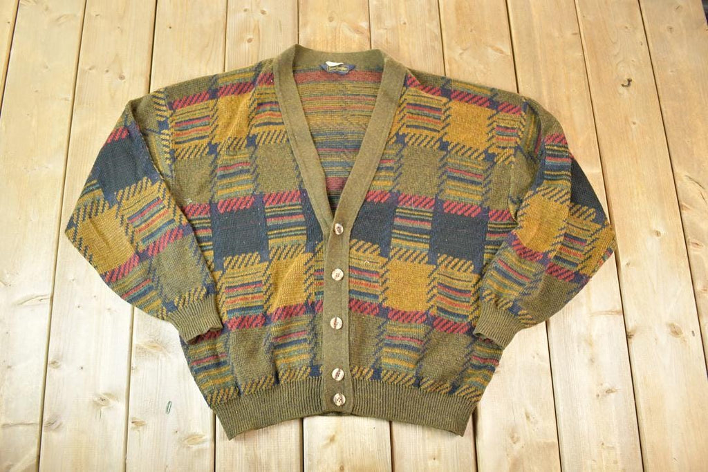 Vintage 1970s Serge Saint Yves Knit Cardigan Abstract Print Sweater Men's XL