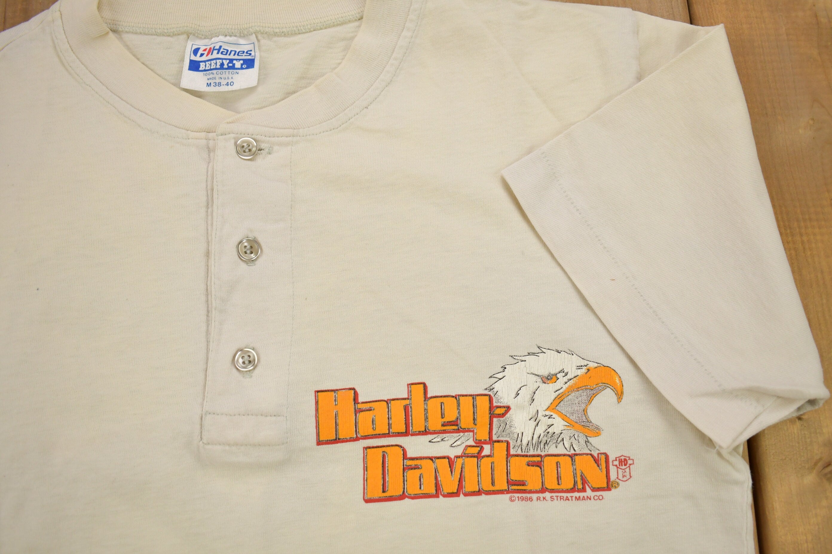 Vintage 1986 Harley Davidson Of Lima Ohio Henley Button T-Shirt