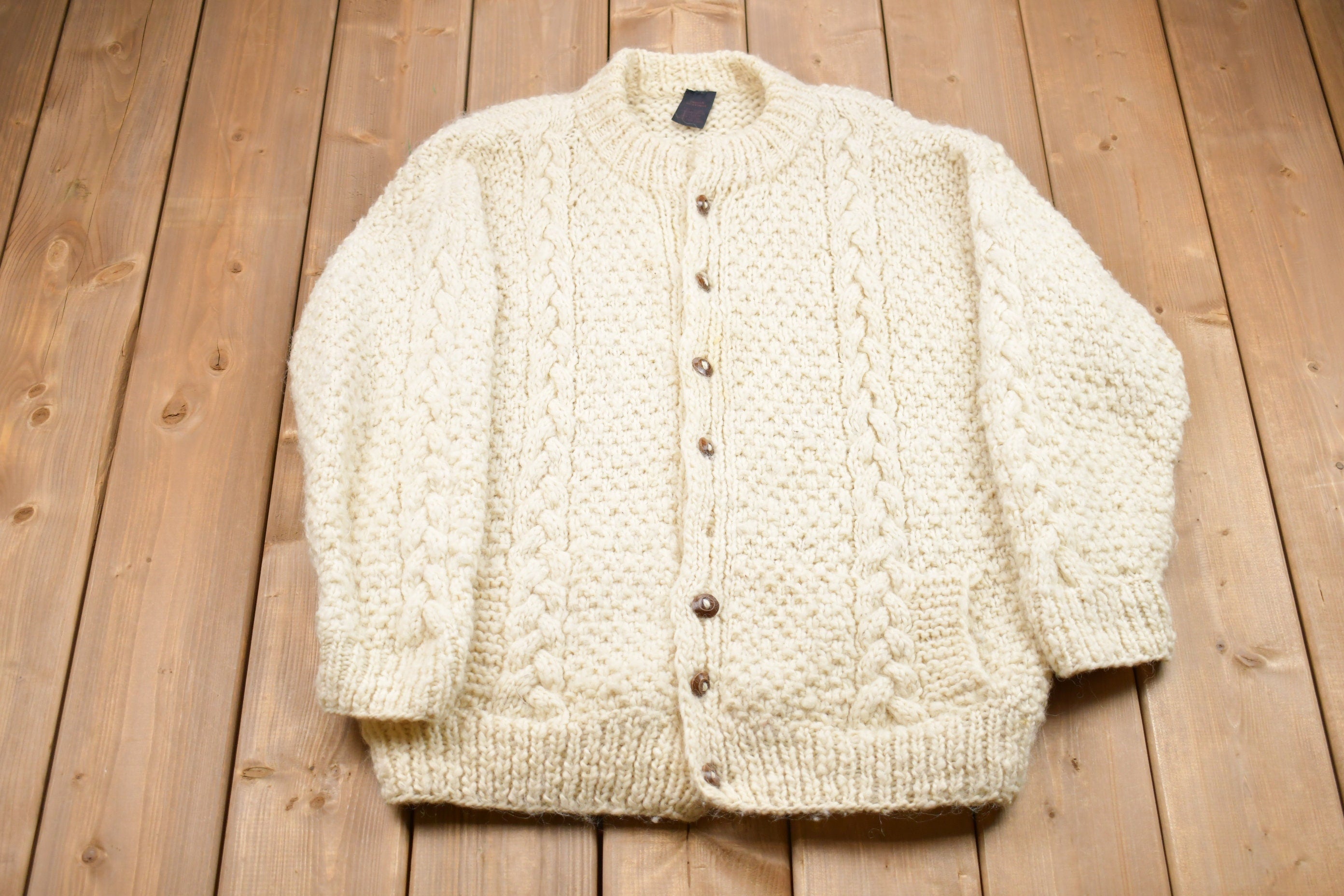 Vintage 1980s Indian Weavings Cable Knit Button Up Sweater