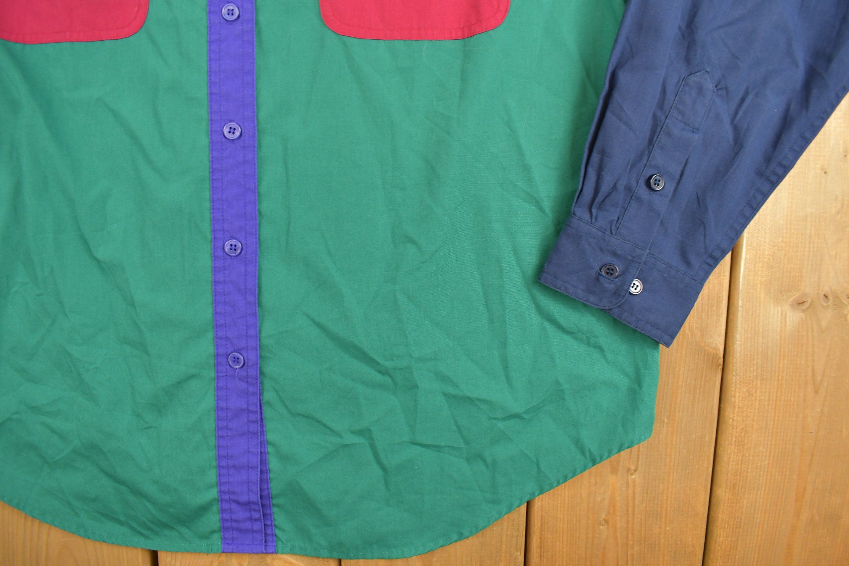 Vintage 1990s Womens Cabin Creek Colorblock Theme Button Up Shirt